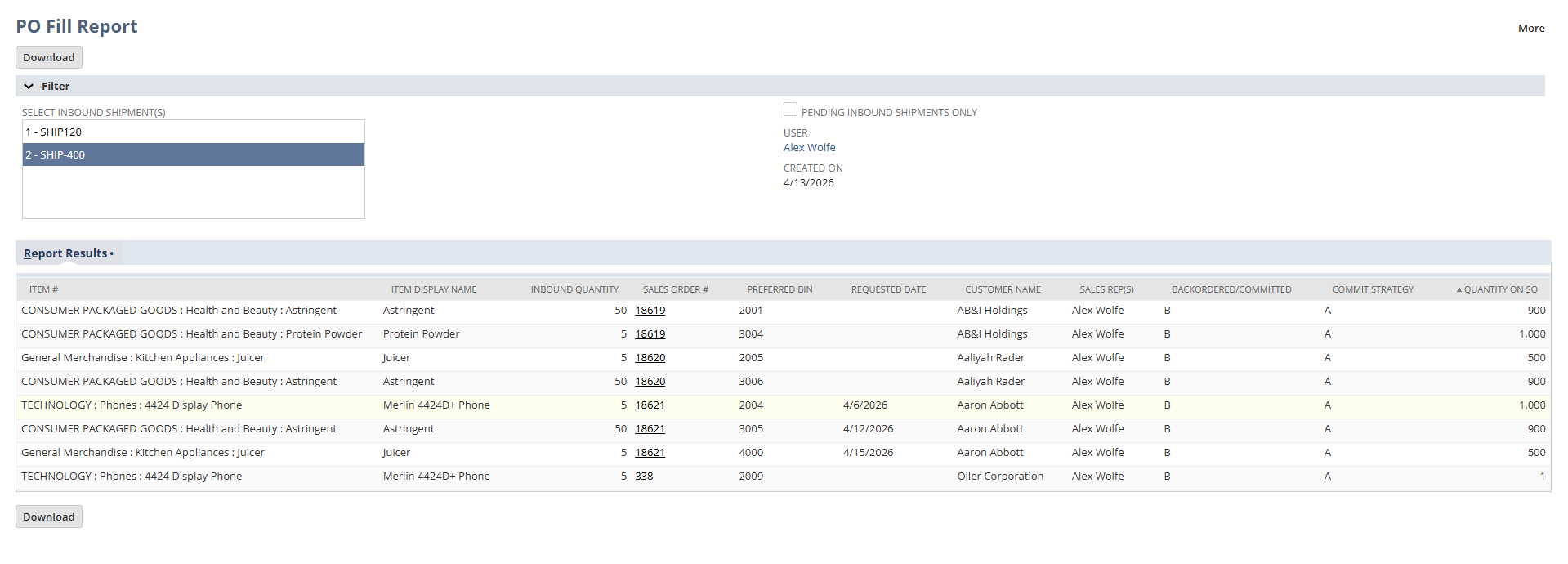 Inbound & Order Tracking Report